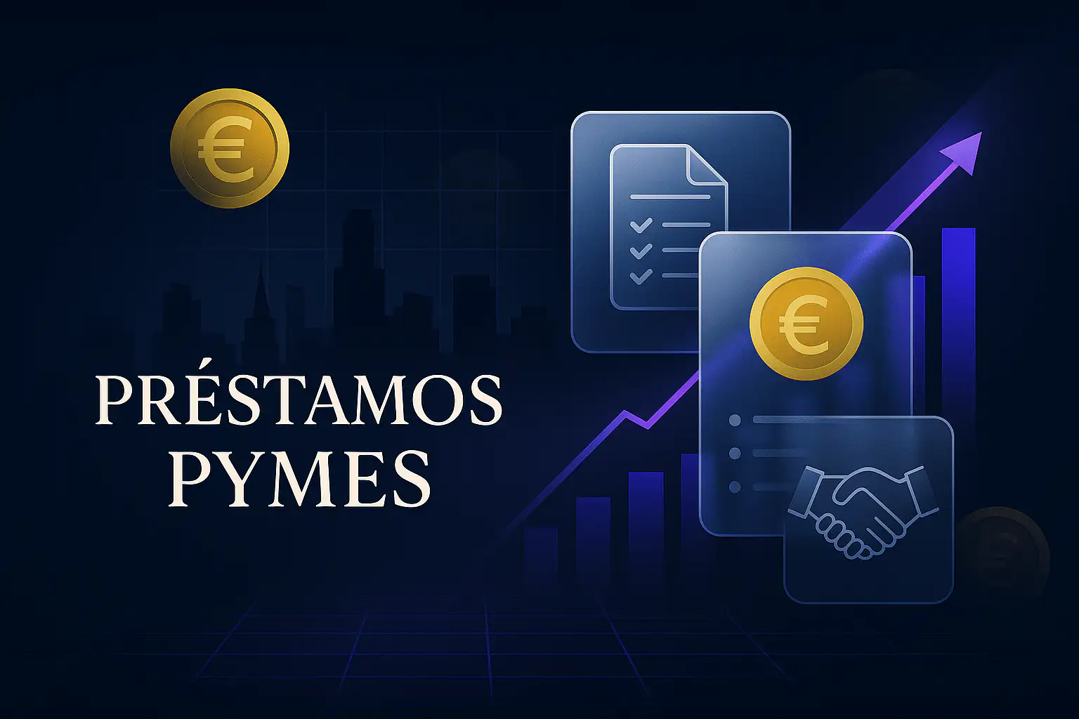 Préstamos PYMES: ilustración corporativa con símbolo del euro y gráfico de crecimiento.