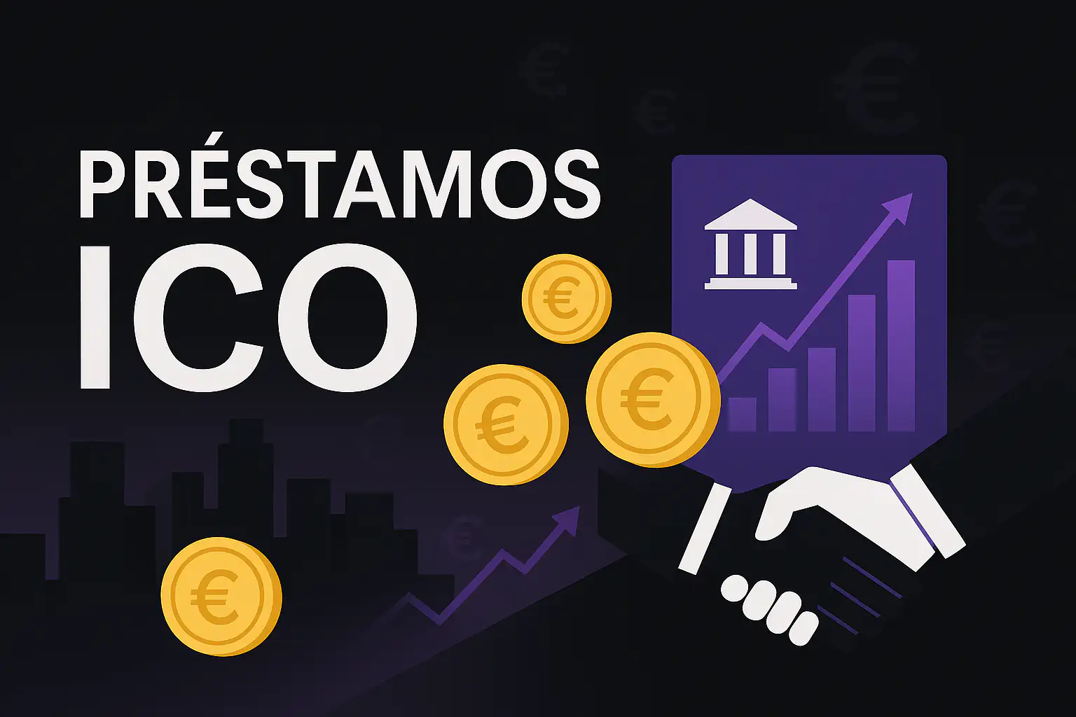 Préstamos ICO para empresas: asesoría y negociación con bancos (ilustración con monedas y gráfico).